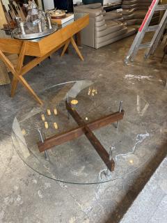 Italian Round Glass Coffee Table with Wood X Base - 4573865