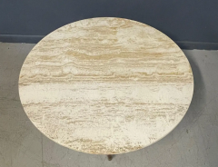 Italian Round Travertine Coffee Table with Walnut Legs and Brass CAP Mid Century - 2649836