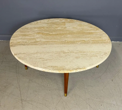 Italian Round Travertine Coffee Table with Walnut Legs and Brass CAP Mid Century - 2649837