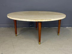 Italian Round Travertine Coffee Table with Walnut Legs and Brass CAP Mid Century - 2649852