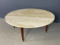 Italian Round Travertine Coffee Table with Walnut Legs and Brass CAP Mid Century - 2649859