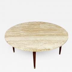 Italian Round Travertine Coffee Table with Walnut Legs and Brass CAP Mid Century - 2651930