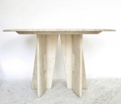 Italian Round Travertine Marble Dining Table with Sculptural Architectural Base - 1287984