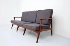 Italian Three Seat Sofa with Armrests in Patinated Oak and Fabric 1960s - 3653779