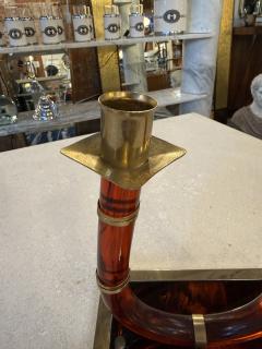 Italian Tortoiseshell Lucite and Brass Double Candlestick 1970s - 4518914