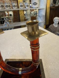 Italian Tortoiseshell Lucite and Brass Double Candlestick 1970s - 4518915