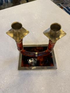Italian Tortoiseshell Lucite and Brass Double Candlestick 1970s - 4518917