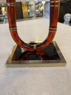 Italian Tortoiseshell Lucite and Brass Double Candlestick 1970s - 4518918