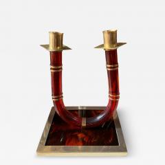 Italian Tortoiseshell Lucite and Brass Double Candlestick 1970s - 4521678