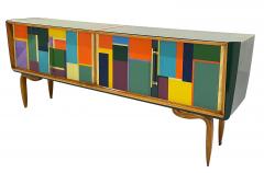Italian Vintage Mondrian Style Green Orange Yellow Blue Glass 4 Door Sideboard - 4136757