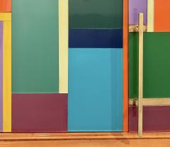 Italian Vintage Mondrian Style Green Orange Yellow Blue Glass 4 Door Sideboard - 4136761