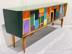 Italian Vintage Mondrian Style Green Orange Yellow Blue Glass 4 Door Sideboard - 4136762
