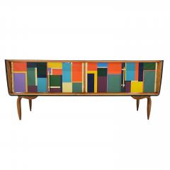 Italian Vintage Mondrian Style Green Orange Yellow Blue Glass 4 Door Sideboard - 4136763