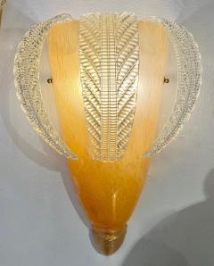 Italian Vintage Pair of Sconces in Amber Gold Glass with Hanging Crystal Leaves - 2899403