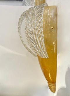 Italian Vintage Pair of Sconces in Amber Gold Glass with Hanging Crystal Leaves - 2899404