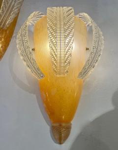 Italian Vintage Pair of Sconces in Amber Gold Glass with Hanging Crystal Leaves - 2899405