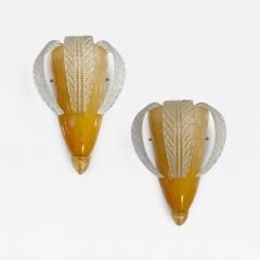 Italian Vintage Pair of Sconces in Amber Gold Glass with Hanging Crystal Leaves - 2902131