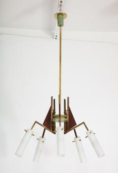 Italian Vintage Wood Brass and Glass Five Arm Chandelier - 2133021