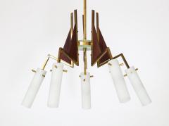 Italian Vintage Wood Brass and Glass Five Arm Chandelier - 2133024