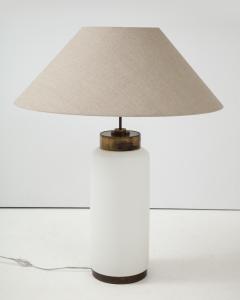 Italian White Opaline Glass Brass Large Lamp w Belgian Linen Shade c 1970 - 1109838