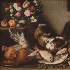 Italian painting still life with animals flowers and fruit from 17th century - 3893756