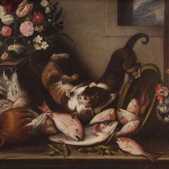 Italian painting still life with animals flowers and fruit from 17th century - 3893766