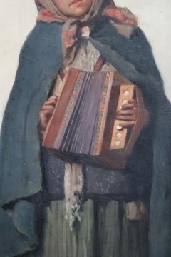 Italian post impressionist Oil on Canvas Portrait of Little Girl with Accordion - 2556589