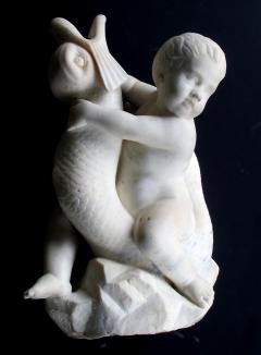 Italian rococo revival carrara marble niche fountain of a putti and dolphin - 978641