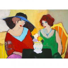 Itzchak Tarkay Israel 1935 2012 Two Woman at A Table Oil on Canvas Painting - 1264616
