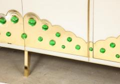 Ivory Glass and Brass Sideboard with Emerald Green Murano Glass Spheres - 2598718