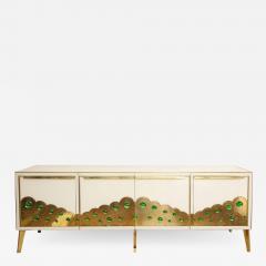 Ivory Glass and Brass Sideboard with Emerald Green Murano Glass Spheres - 2602578