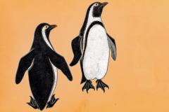 Izumi Atsuhiko Japanese Two Panel Screen Lacquer Penguins - 3071478
