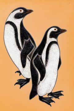 Izumi Atsuhiko Japanese Two Panel Screen Lacquer Penguins - 3071483