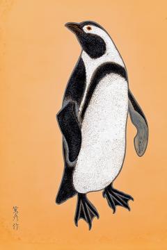 Izumi Atsuhiko Japanese Two Panel Screen Lacquer Penguins - 3071489