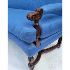 J A Schumacher 18th C Style Carved Walnut Schumacher Blue Damask Curved Sofa Settee - 3593950