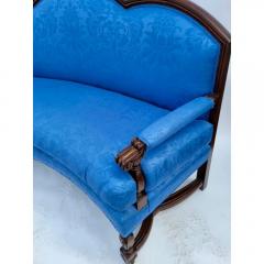 J A Schumacher 18th C Style Carved Walnut Schumacher Blue Damask Curved Sofa Settee - 3593952