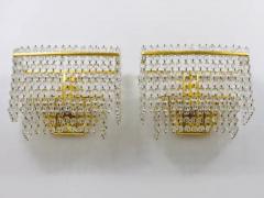 J L Lobmeyr Lobmeyr Pair Square Gold Plated Brass Sconces with Hand Cut Crystals 1970s - 4042121