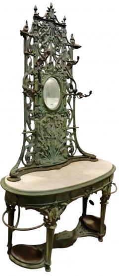 J W Fiske Foundry Fiske GORGEOUS ART NOUVEAU PATINATED CAST IRON MARBLE HALL TREE WITH OVAL MIRROR - 4578343