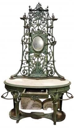 J W Fiske Foundry Fiske GORGEOUS ART NOUVEAU PATINATED CAST IRON MARBLE HALL TREE WITH OVAL MIRROR - 4578345