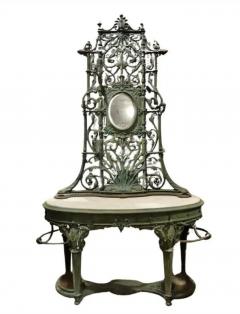J W Fiske Foundry Fiske GORGEOUS ART NOUVEAU PATINATED CAST IRON MARBLE HALL TREE WITH OVAL MIRROR - 4578352