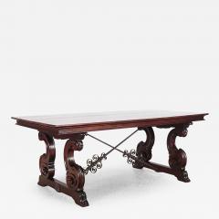 Jacobean Carved Mahogany Trestle Dining Table Center Table Iron Stretchers - 2510535