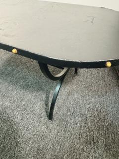 Jacques Adnet 1940s BLACK LEATHER BRASS STUDDED EDGE OBLONG COFFEE TABLE WITH BLACK IRON BASE - 4278365