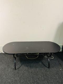 Jacques Adnet 1940s BLACK LEATHER BRASS STUDDED EDGE OBLONG COFFEE TABLE WITH BLACK IRON BASE - 4278367
