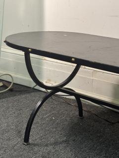 Jacques Adnet 1940s BLACK LEATHER BRASS STUDDED EDGE OBLONG COFFEE TABLE WITH BLACK IRON BASE - 4278369