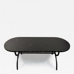 Jacques Adnet 1940s BLACK LEATHER BRASS STUDDED EDGE OBLONG COFFEE TABLE WITH BLACK IRON BASE - 4279232