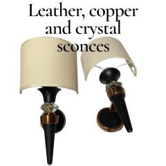 Jacques Adnet 1950s Leather copper and glass sconces in the style of Jacques Adnet - 4512930