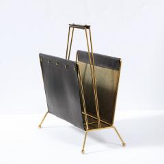 Jacques Adnet 1950s Mid Century Leather and Brass Adnet Style Magazine Stand - 4231323