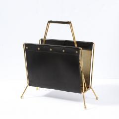 Jacques Adnet 1950s Mid Century Leather and Brass Adnet Style Magazine Stand - 4231331