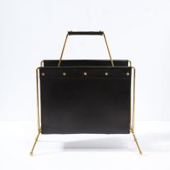Jacques Adnet 1950s Mid Century Leather and Brass Adnet Style Magazine Stand - 4231337