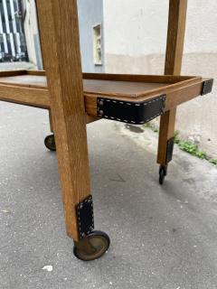 Jacques Adnet 1950s Oak and stitched leather bar cart by Jacques Adnet - 3959338